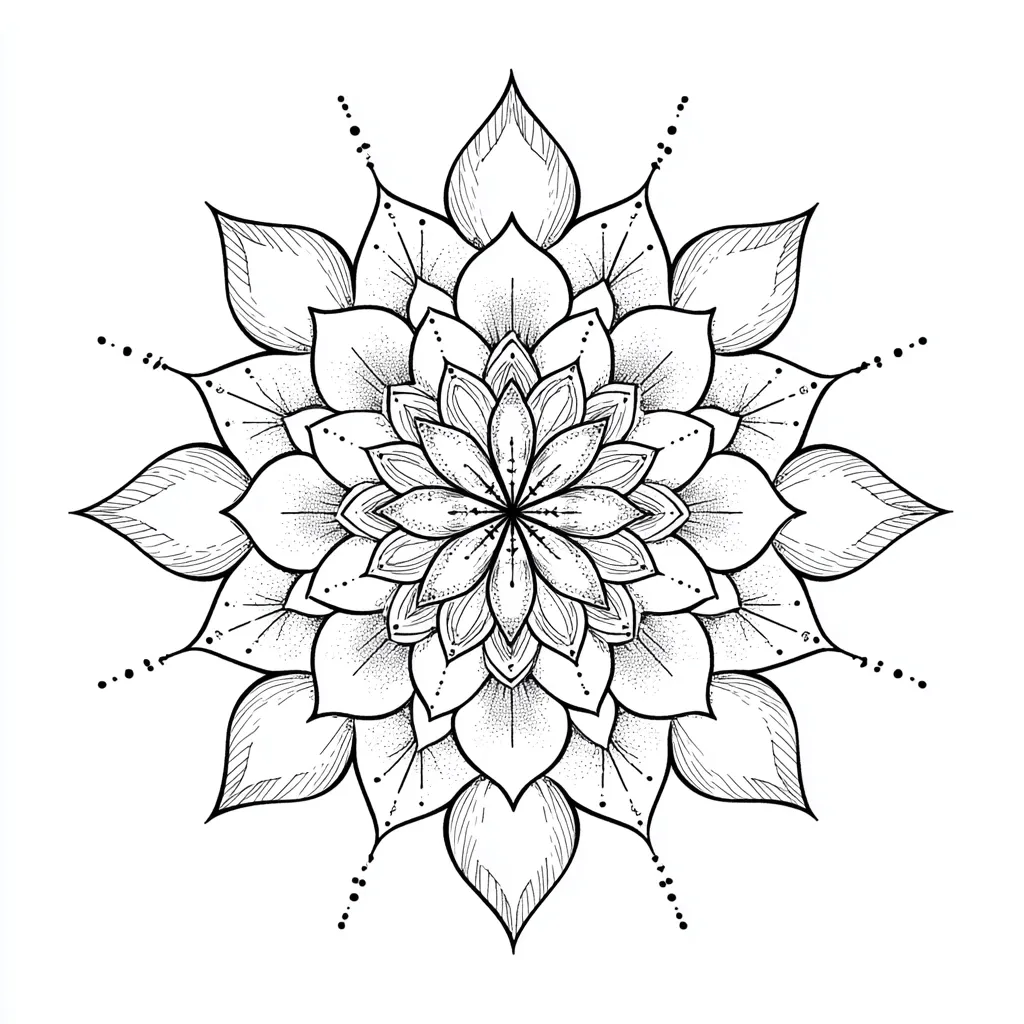 A detailed black and white illustration of a mandala.  The design features a central flower motif surrounded by radiating layers of intricately drawn petals, creating a symmetrical and visually captivating pattern.  Small dots and lines add texture and depth to the artwork, suggesting a meticulous hand-drawn style. The overall aesthetic is one of elegance and balance.