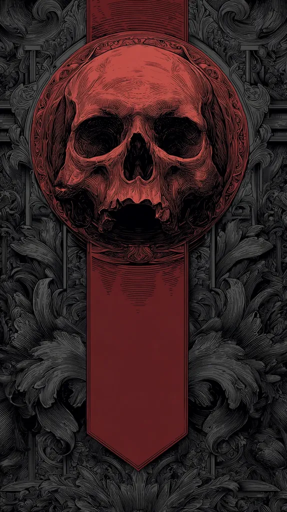 A detailed illustration features a red human skull centrally positioned against a backdrop of intricate, dark gray, baroque-style ornamentation. The skull is rendered with meticulous detail, emphasizing its bone structure.  The ornate background creates a stark contrast with the skull, enhancing its ominous presence. A vertical, maroon banner runs down the center, further emphasizing the skull's placement within the design. The overall aesthetic is dark, gothic, and richly detailed.