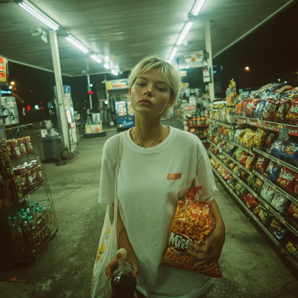 A young woman with short blonde hair stands in a dimly lit convenience store, holding a large bag of cheese puffs. She's wearing a white t-shirt and a tote bag. The store's shelves are stocked with various snacks and drinks. The overall atmosphere is moody and atmospheric, evoking a sense of nighttime solitude.  The image has a vintage or film-like quality.