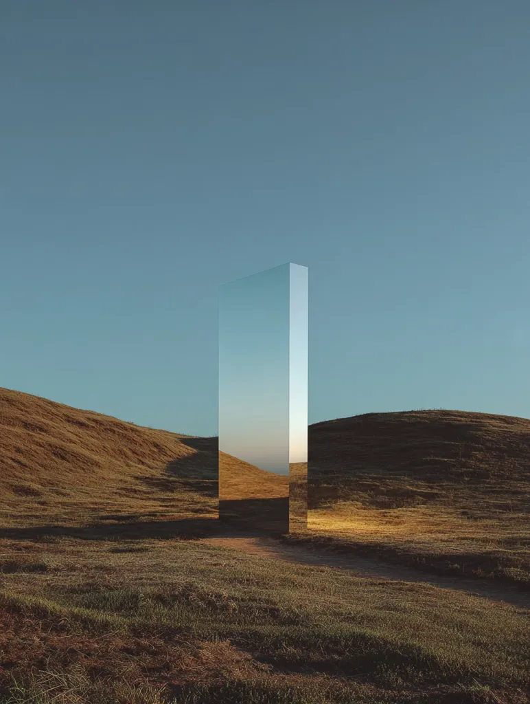 A tall, reflective monolith stands in a serene landscape.  Rolling hills of dry grass stretch towards a clear, pale blue sky.  The monolith reflects the sky and the surrounding hills, creating a sense of calm and minimalist beauty. The setting sun casts a warm glow on the grass, enhancing the scene's tranquility.