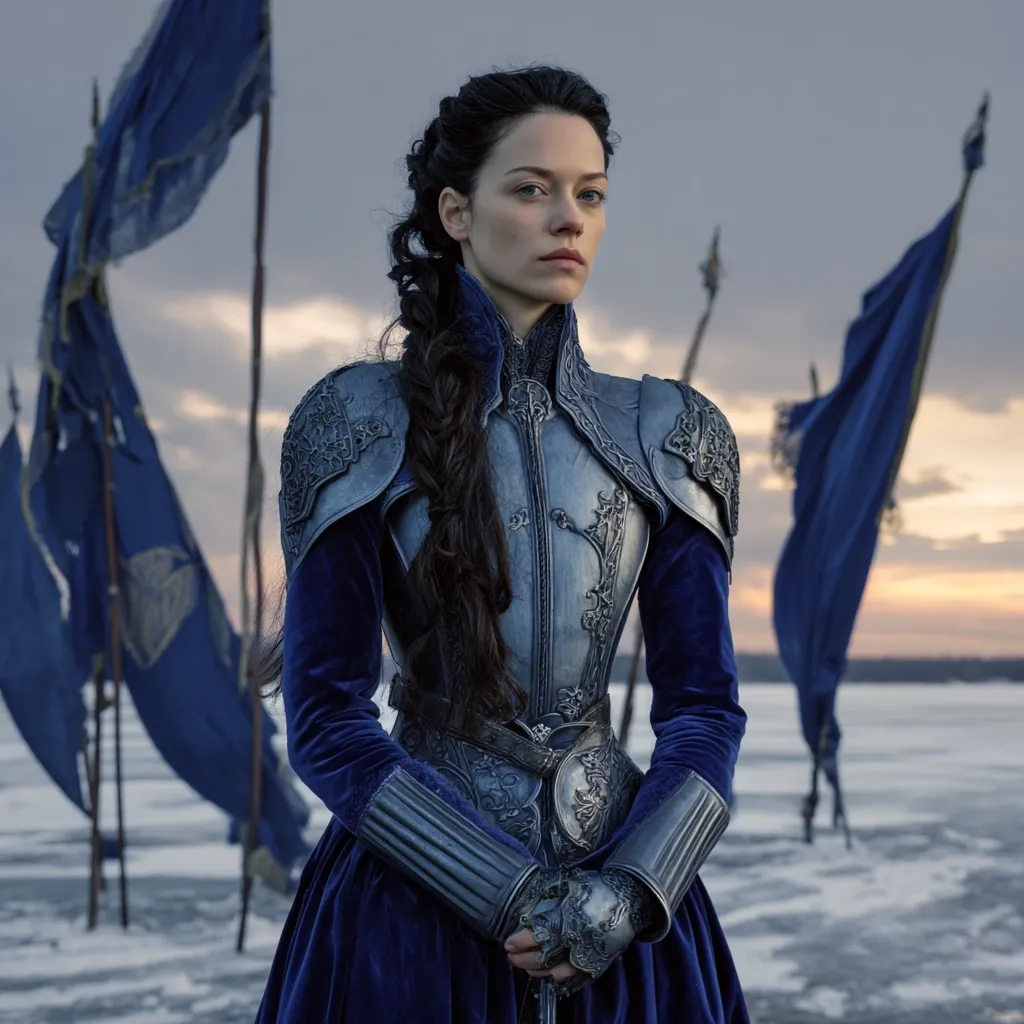 A woman with dark hair styled in a braid stands in a regal pose. She is dressed in a dark blue velvet gown over intricately detailed, silver-toned armor.  The armor is fitted and ornate, and she wears matching gloves.  Behind her, blue banners stand on a frozen lake at sunset.  Her expression is serious and composed, suggesting strength and resilience.