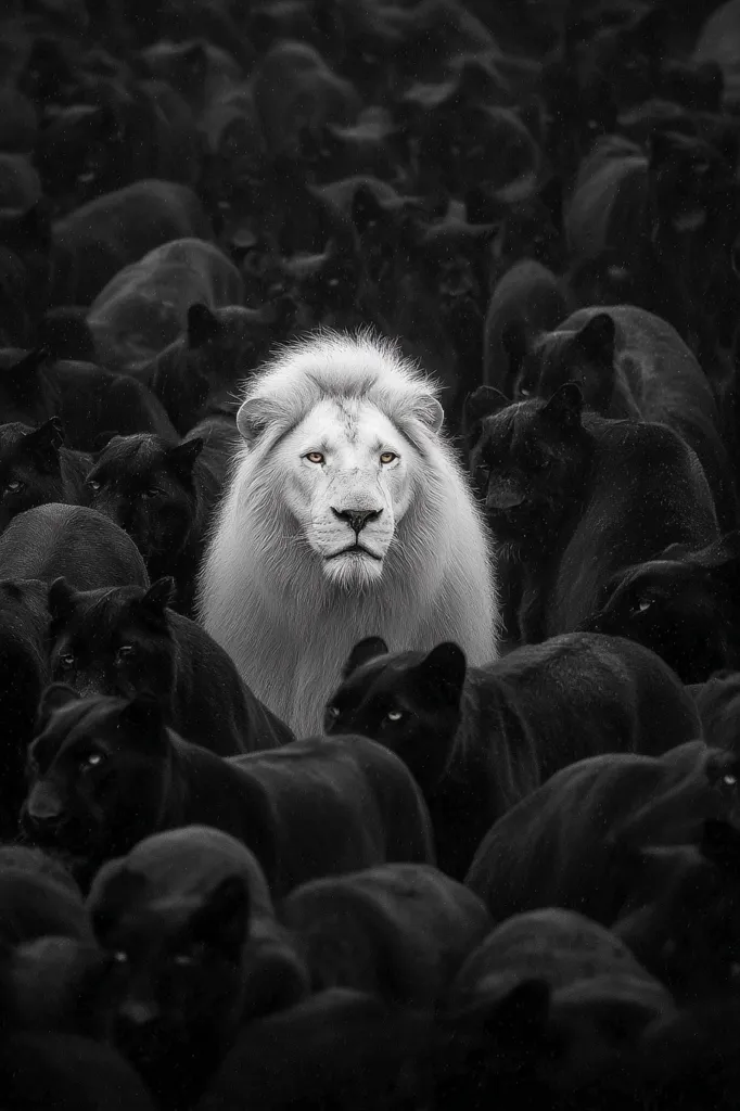A majestic white lion stands out amidst a throng of black panthers.  The monochrome image emphasizes the stark contrast between the lion's light fur and the dark coats of the surrounding felines. The lion's calm demeanor suggests strength and resilience, highlighting its unique position within the group.  The image evokes a sense of power and individuality.