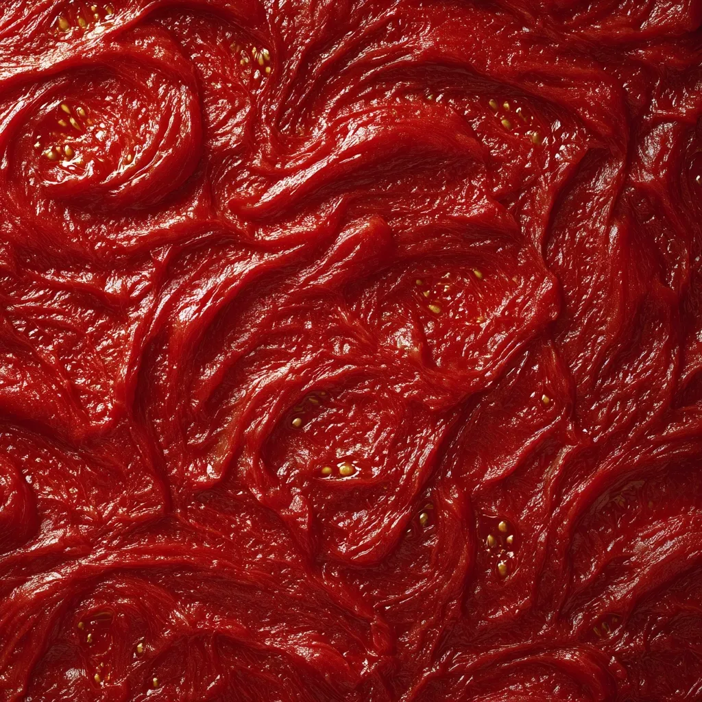 A close-up shot reveals a vibrant, textured expanse of tomato paste.  The rich red hue is punctuated by visible tomato seeds, creating a visually appealing, almost abstract pattern.  The paste's thick, swirling consistency suggests a smooth, yet slightly chunky texture.  The image emphasizes the unadulterated, natural quality of the tomato product.