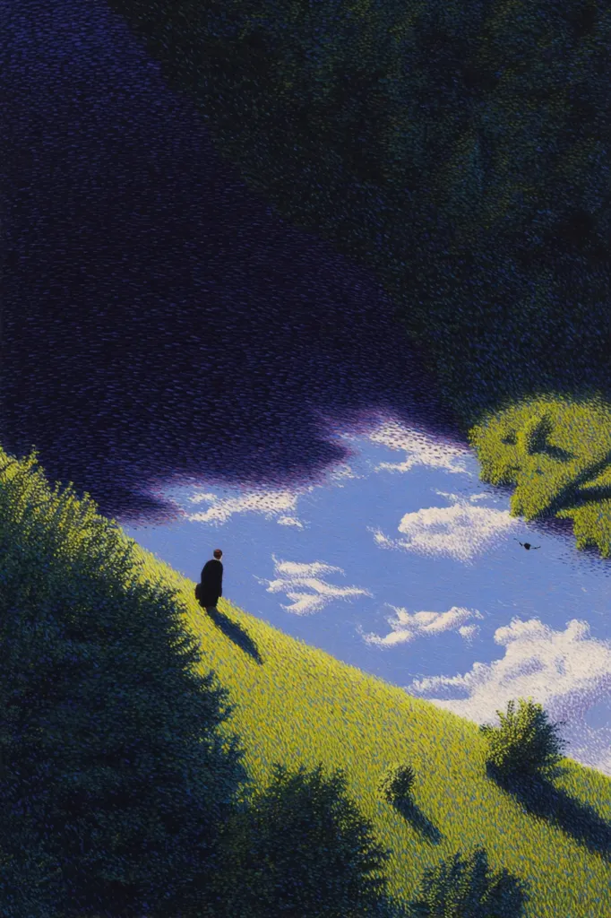 A lone figure in dark clothing ascends a sunlit, verdant hill.  Above, a dark, shadowy mass dominates the upper half of the painting, contrasting sharply with the bright, cloud-dappled sky reflected in a gentle curve of the landscape. The scene is rendered with a pointillist technique, creating a textured, dreamlike atmosphere. A small bird is visible near the reflection. The overall impression is one of mystery and juxtaposition.