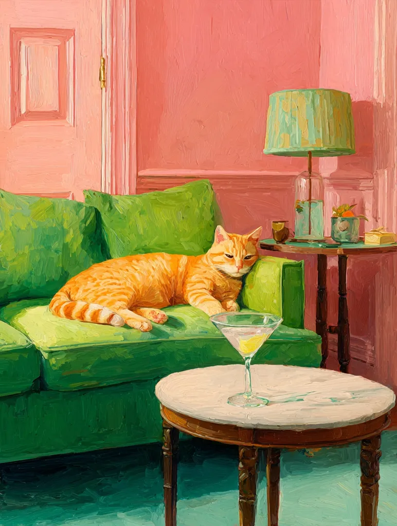 A ginger cat lounges on a vibrant green sofa in a sun-drenched room with pink walls. A martini glass sits on a nearby round table, adding a touch of sophistication to the scene.  A pale green lamp illuminates the corner, casting a warm glow. The overall style is painterly and evocative of a quiet, luxurious moment.