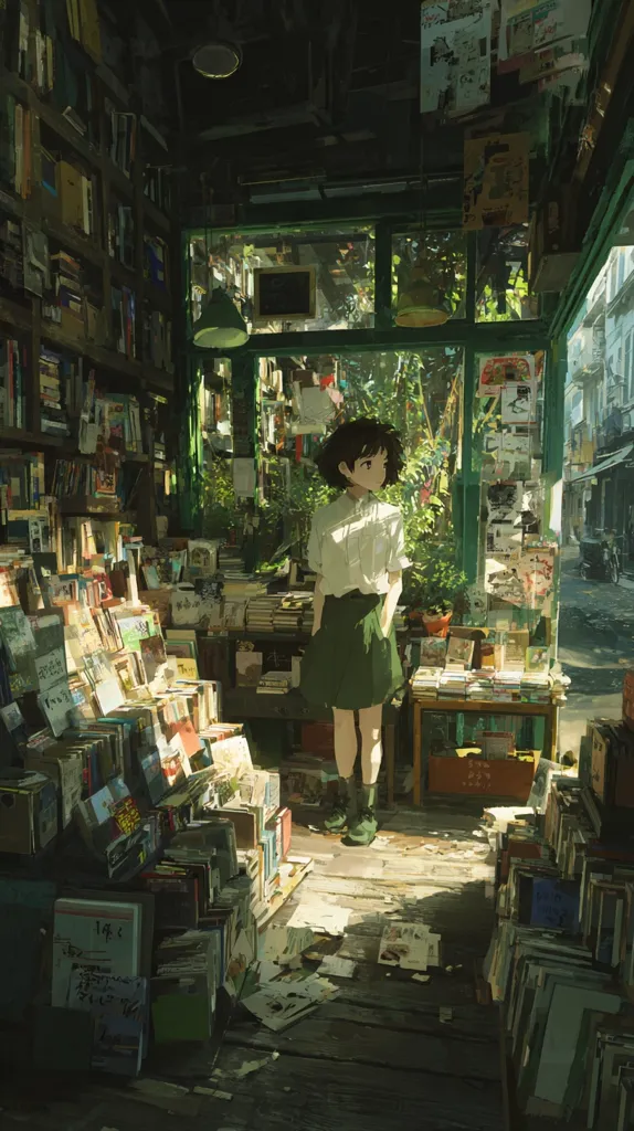Sunlight streams into a quaint, cluttered bookstore, illuminating a young girl in a green skirt and white shirt.  Books overflow from shelves, spilling onto the floor, creating a charmingly chaotic atmosphere.  The store's aged wooden structure and leafy exterior suggest a hidden, peaceful haven amidst a bustling city street visible through the large window.  The overall scene is serene and nostalgic.