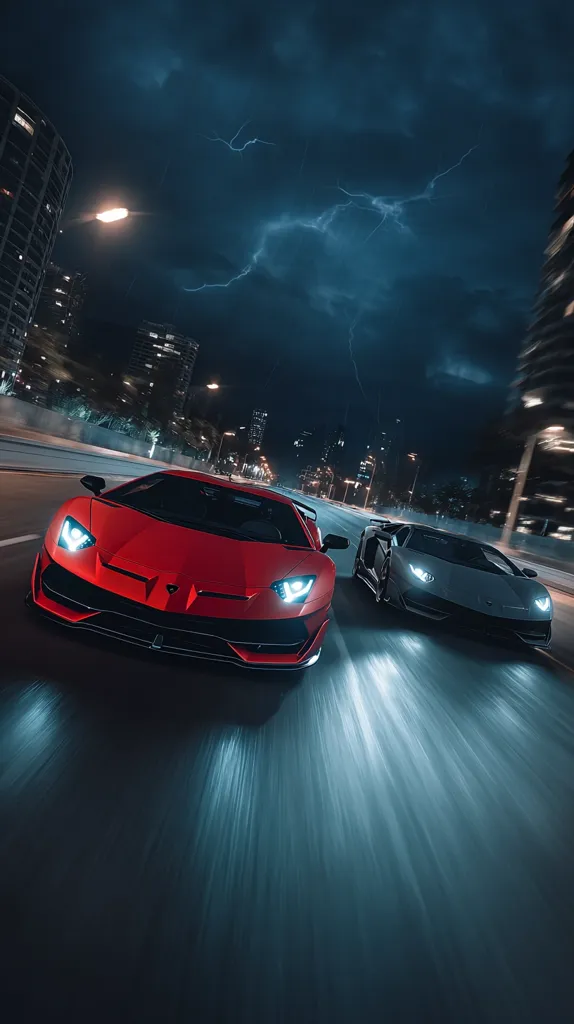 Two Lamborghini Aventadors, one red and one grey, speed down a city street at night.  Lightning flashes dramatically in the stormy sky above the towering buildings. The motion blur emphasizes the cars' speed, creating a dynamic and exciting scene.  The city lights reflect on the wet asphalt, enhancing the atmosphere.