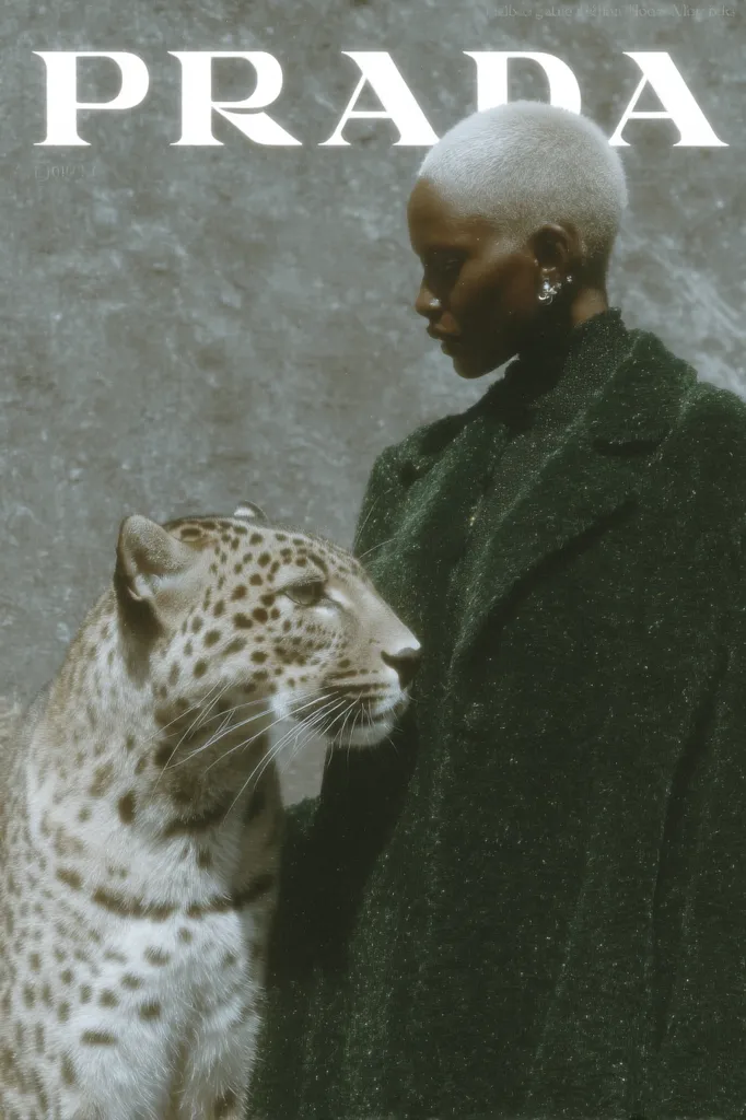 A fashion campaign image for Prada. A woman with a shaved head and dark skin, wearing a dark green coat, stands beside a snow leopard. The woman's gaze is directed downward. The Prada logo is prominently displayed at the top of the image. The overall aesthetic is moody and sophisticated, emphasizing the juxtaposition of the woman and the wild animal. The background is a textured gray.