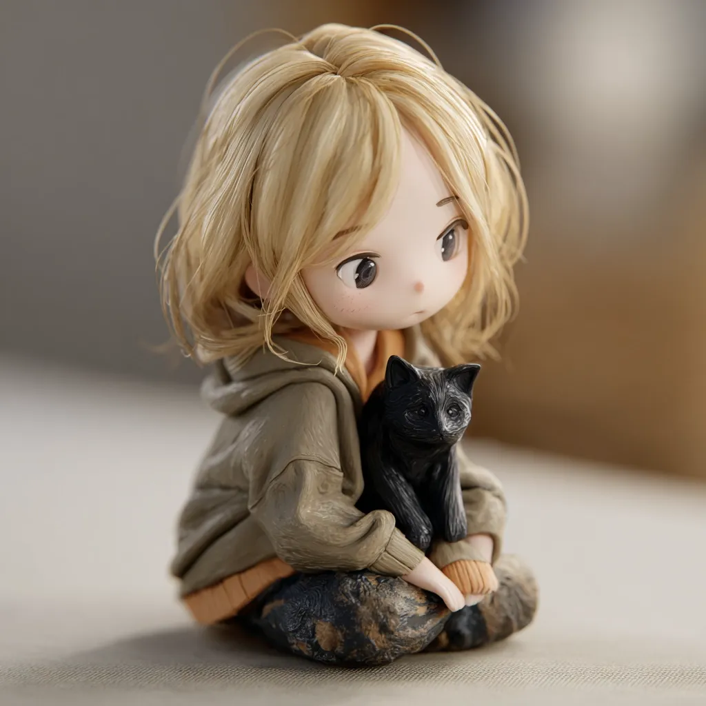 A charming figurine depicts a young girl with blonde hair, seated and gently cradling a small black cat.  The girl is dressed in an olive-green hooded jacket and muted orange accents. The style is reminiscent of stylized claymation or handcrafted doll art, with soft features and a slightly melancholic expression. The overall tone is serene and heartwarming.