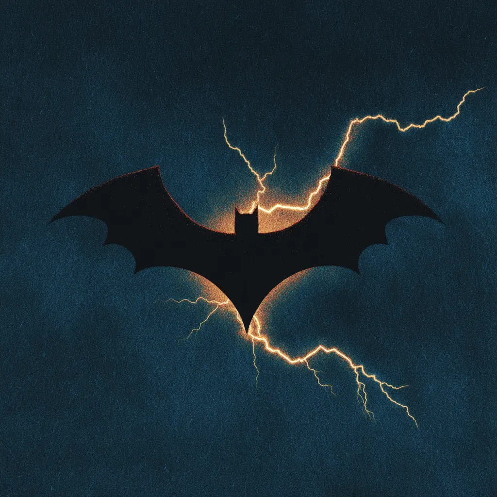 A stylized silhouette of a bat, possibly representing Batman, is centered against a dark blue, textured background.  Bright, yellow-orange lightning bolts arc around and behind the bat, creating a dramatic and ominous atmosphere. The image evokes feelings of power, darkness, and possibly a superhero's presence during a stormy night.