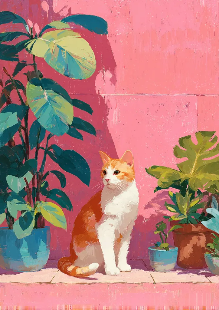 A vibrant illustration depicts an orange and white cat sitting serenely against a pink wall, flanked by lush potted plants.  The style is painterly, with visible brushstrokes creating a textured effect.  Sunlight casts shadows, highlighting the plants' leaves and the cat's fur. The overall scene evokes a feeling of warmth and tranquility.
