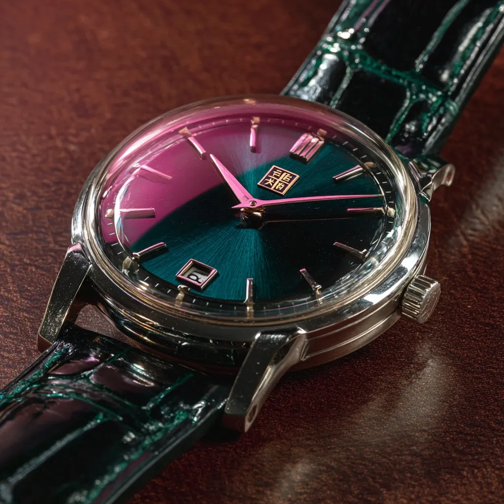 A close-up reveals an elegant wristwatch with a striking two-toned dial. The deep green and pink gradient creates a mesmerizing effect, complemented by rose gold hands and hour markers.  The watch is housed in a polished silver case and secured by a dark green alligator-embossed leather strap. The subtle details and high-quality craftsmanship are evident.  The watch rests on a rich brown surface, highlighting its luxurious appeal.