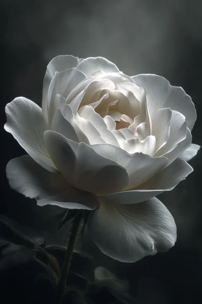 A close-up, monochrome image showcases a single white rose, its petals softly illuminated against a dark background.  The delicate texture and intricate details of the rose are highlighted by the dramatic lighting. The overall mood is serene and elegant, emphasizing the flower's beauty and purity. The grayscale palette enhances the ethereal quality of the image.
