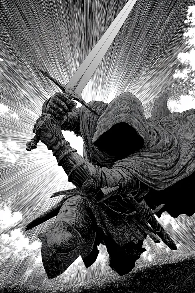 A black and white illustration depicts a hooded knight in dynamic motion.  He wields a large sword, the blade pointed upward, radiating lines suggesting speed and power.  The knight's face is obscured by the deep hood, adding to the mysterious and dramatic feel of the image. The style is reminiscent of graphic novels or manga, with heavy use of shading and linework to create texture and depth. The background is a dramatic sky with bursts of light.