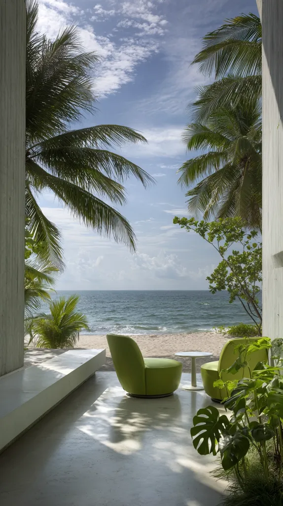 A tranquil beachfront patio is framed by palm trees and a modern, minimalist structure. Two lime-green armchairs and a small round table are positioned on a light-grey concrete floor, overlooking a calm ocean and sandy shore. Sunlight filters through the palms, casting shadows on the ground. The scene evokes a sense of serene relaxation and tropical paradise.