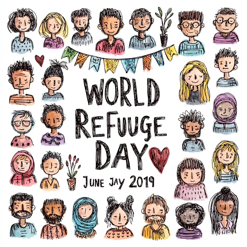 A colorful illustration celebrates World Refugee Day, June 20, 2019.  Surrounding the text are numerous hand-drawn portraits of diverse individuals, symbolizing the global refugee community.  A celebratory bunting adds a festive touch. The artwork emphasizes the diversity and humanity of refugees.