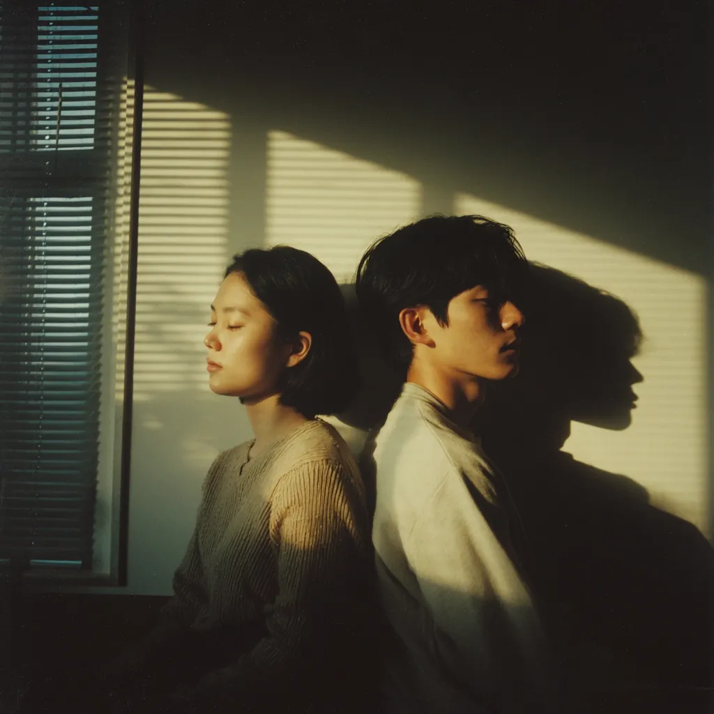 A young couple sits close together, their backs against a wall bathed in sunlight streaming through a window.  The woman is dressed in a beige sweater, her eyes closed peacefully. The man, in a light-colored shirt, rests his head slightly, his eyes also closed. The warm sunlight casts long shadows on the wall behind them, creating a serene and intimate atmosphere.