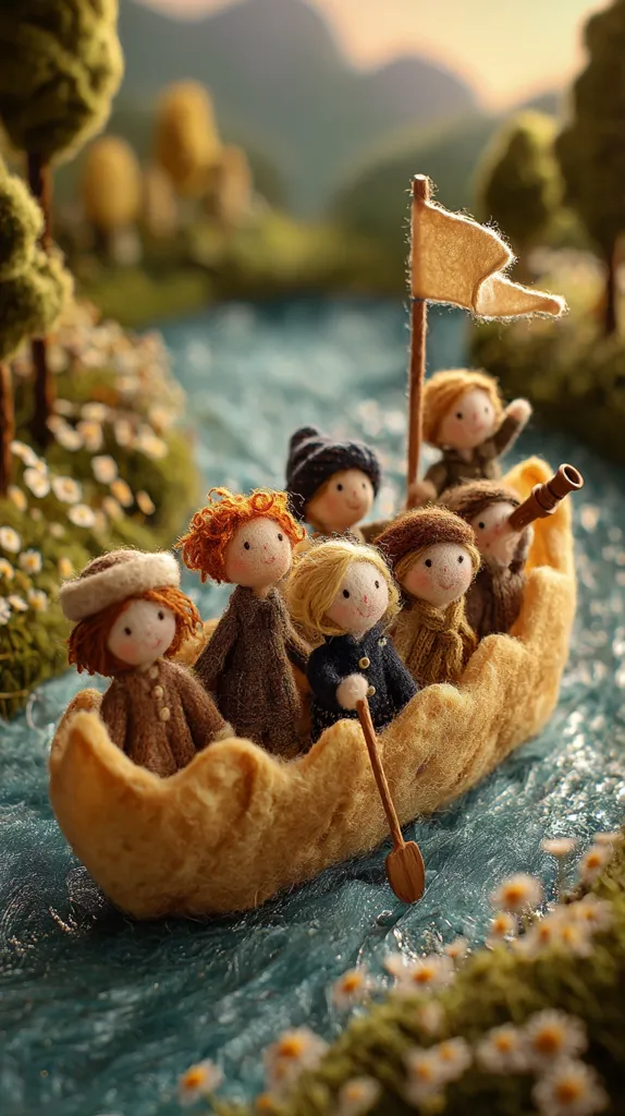 A whimsical scene depicts needle-felted dolls in a tiny boat crafted from a peanut shell.  The boat sails down a miniature river, surrounded by miniature flora and fauna.  The dolls, each uniquely dressed in knitted attire, are joyfully navigating their journey. A small flag adorns the boat, adding to the charming, fairytale-like atmosphere.  The overall effect is one of sweet innocence and playful adventure.