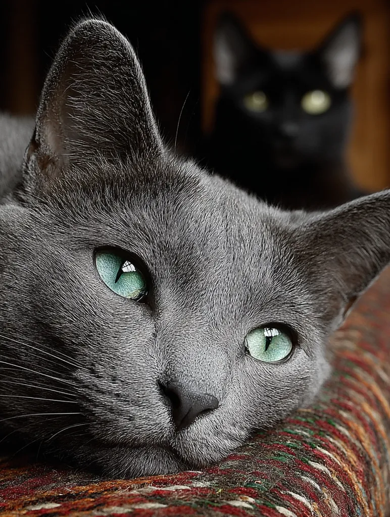 A beautiful gray Russian Blue cat rests its head on a richly colored rug, its luminous green eyes captivating.  A blurred black cat is visible in the background, creating a depth of field that emphasizes the foreground subject. The Russian Blue's soft, dense fur and striking gaze are the focal points of the image, showcasing its elegance and serenity.