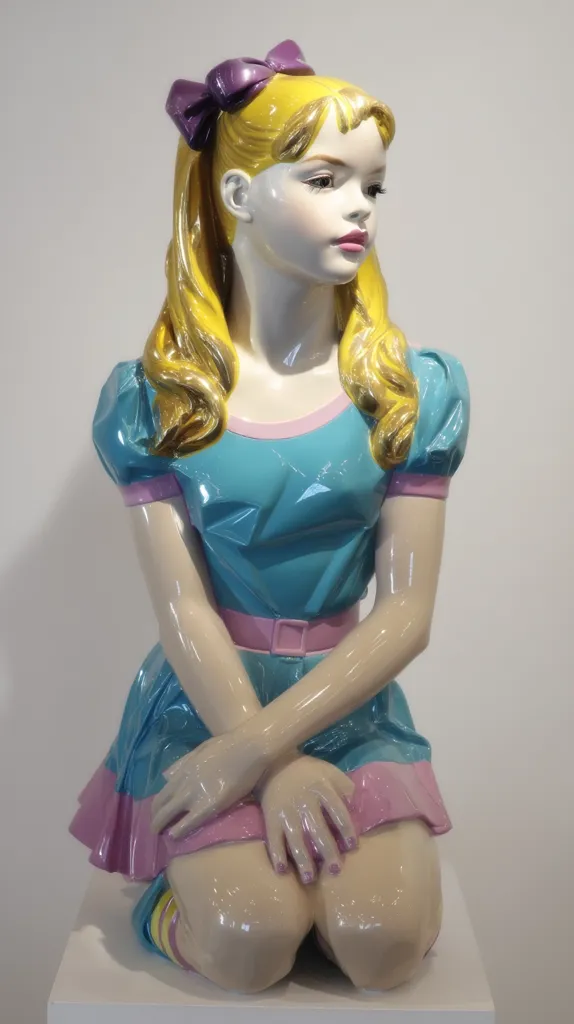 A life-sized resin sculpture depicts a young girl kneeling, her hands clasped in her lap. She wears a teal dress with pink accents and a purple bow in her blonde hair.  The glossy finish accentuates the smooth surface of the figure, creating a striking contrast with the girl's contemplative expression. The overall style is reminiscent of pop art, with its bold colors and stylized features.