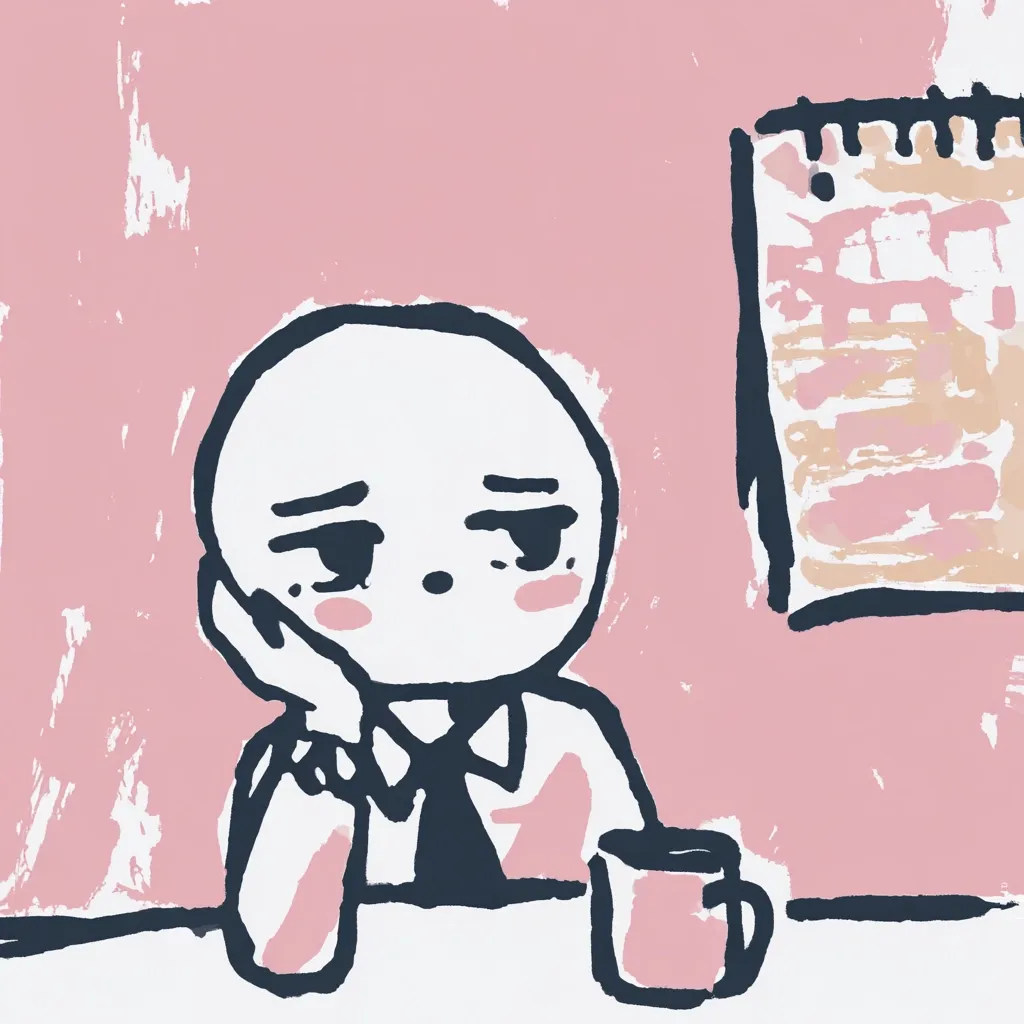 A stylized illustration depicts a bald, round-faced character with a pensive expression, resting their cheek on their hand.  They are dressed in a collared shirt and tie, seated at a table with a mug. A notepad sits on the wall behind them. The art style is simplistic, employing bold lines and muted pink and beige tones, creating a melancholic atmosphere.