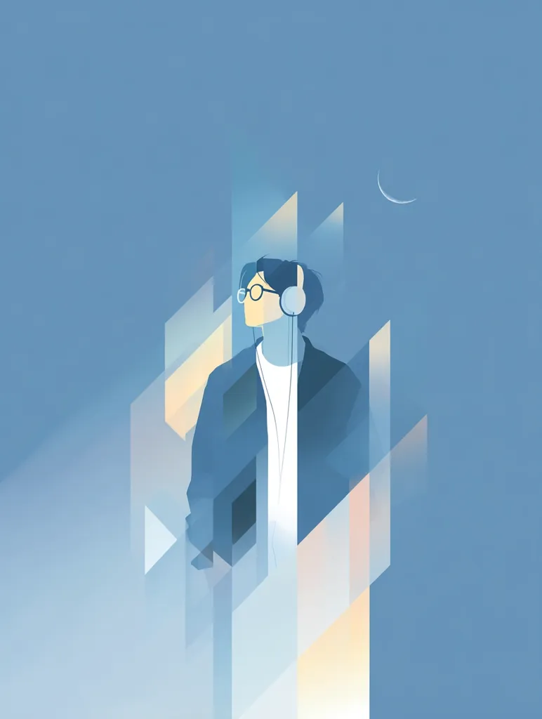 A stylized illustration depicts a person wearing headphones and glasses, gazing upwards.  The figure is partially obscured by overlapping geometric shapes in shades of blue and beige, creating a sense of depth and movement.  The backdrop is a serene, light blue, with a crescent moon subtly visible in the upper right corner. The overall mood is calm and contemplative.