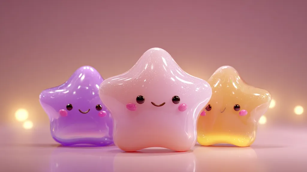 Three adorable, glossy star-shaped characters with cute cartoon faces stand together against a soft pink background.  The stars are pastel purple, pink, and yellow, each with rosy cheeks and simple, happy expressions.  Soft, blurry lights add a magical ambiance to the scene.  The image evokes feelings of warmth and happiness.