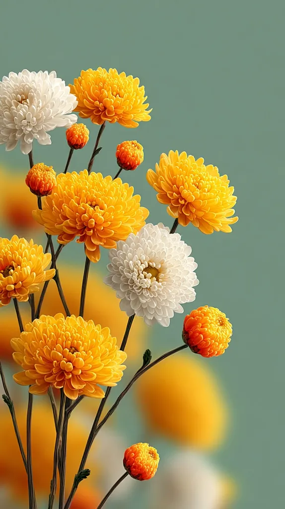 A bouquet of vibrant yellow and white chrysanthemum flowers against a muted green background.  The image showcases several fully bloomed chrysanthemums in rich yellow hues, complemented by smaller, tightly-furled buds and a few white blossoms.  The stems are dark and slender, emphasizing the flowers' delicate beauty.  The soft focus in the background enhances the sharp detail of the flowers in the foreground.