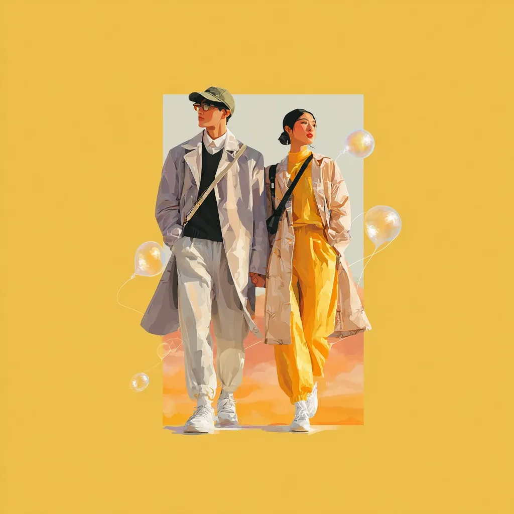 A stylish couple strolls hand-in-hand against a warm yellow backdrop. The man, in a light grey coat and cap, and the woman, in a vibrant yellow jumpsuit and matching coat, exude effortless chic.  Several translucent balloons float nearby, adding a touch of whimsy to the scene. The artwork's geometric style enhances the modern aesthetic.  The overall impression is one of youthful happiness and effortless style.