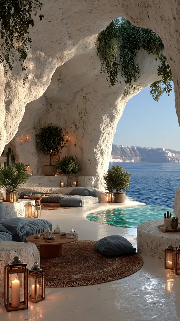 A serene cave dwelling overlooks a tranquil ocean.  The interior features plush seating, a small plunge pool, and potted plants, creating a luxurious and peaceful atmosphere.  Warm candlelight illuminates the space, enhancing its intimate ambiance.  The natural rock formations of the cave are juxtaposed with the modern furniture and decor, creating a unique and stylish design.  The overall scene evokes a sense of calm and escape.