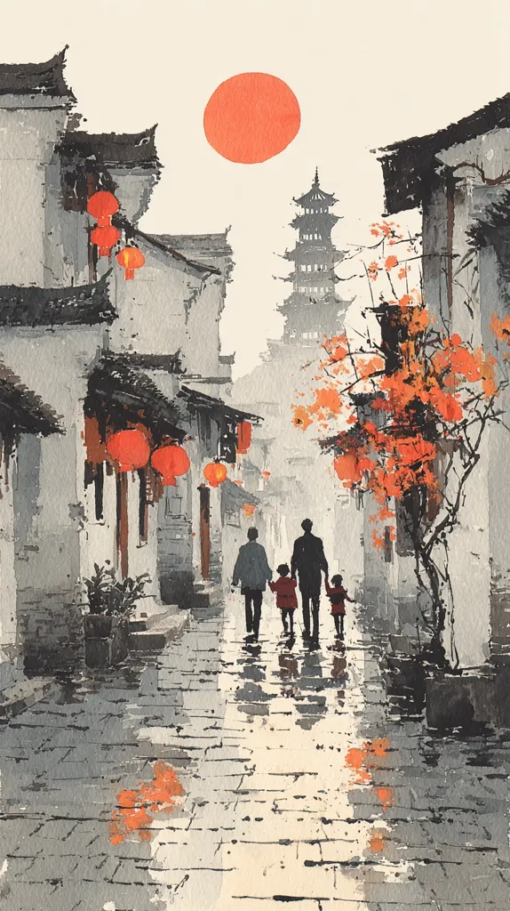 A watercolor painting depicts a family walking down a narrow, cobblestone street in a Chinese town.  Traditional architecture lines the street, adorned with red lanterns.  A large red sun dominates the sky above, and a pagoda is visible in the distance.  Autumnal orange leaves add a pop of color to the otherwise muted grey tones of the buildings and street. The scene is serene and atmospheric.