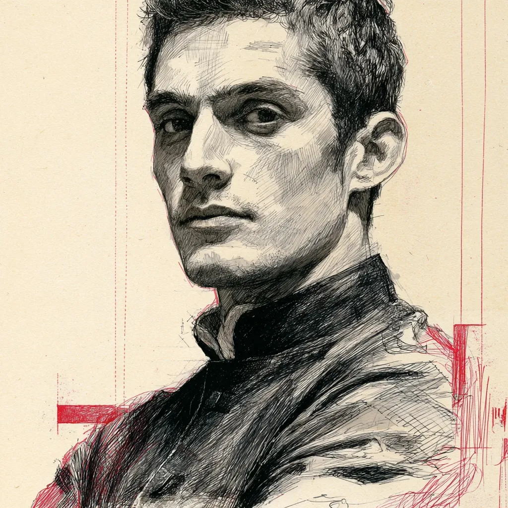 A detailed pencil sketch portrays a man with short, dark hair and a serious expression.  His gaze is direct, and his features are sharply defined, highlighting his strong jawline and intense eyes. He's wearing a high-collared, dark-colored garment, suggesting a formal or perhaps historical context.  The background includes faint red lines, adding a subtle graphic element to the portrait. The overall style is realistic with a slightly textured effect.