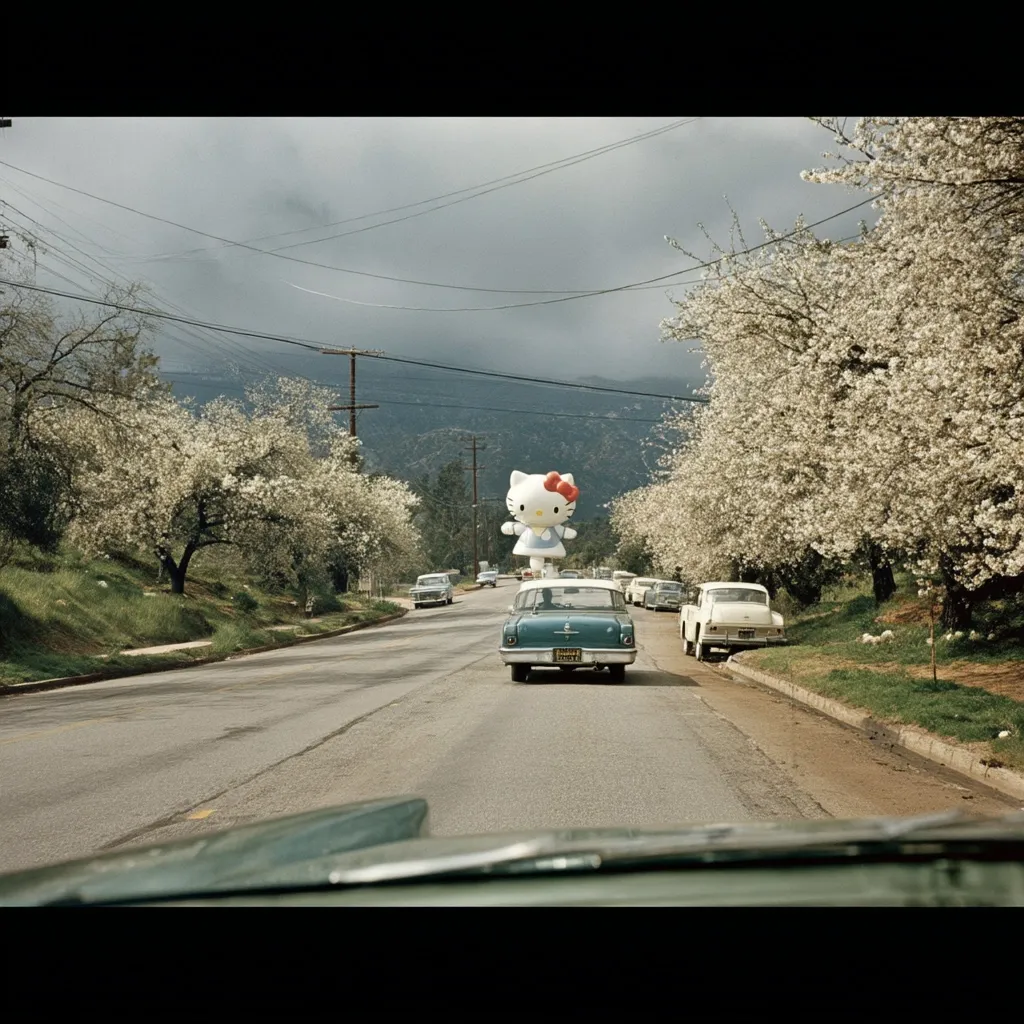 A large Hello Kitty balloon floats above a quiet suburban street lined with blossoming trees.  Several vintage cars drive past, creating a surreal juxtaposition of time and pop culture. The overcast sky adds to the dreamlike atmosphere of the scene, which is viewed from a car's windshield.  The overall mood is peaceful and slightly uncanny.