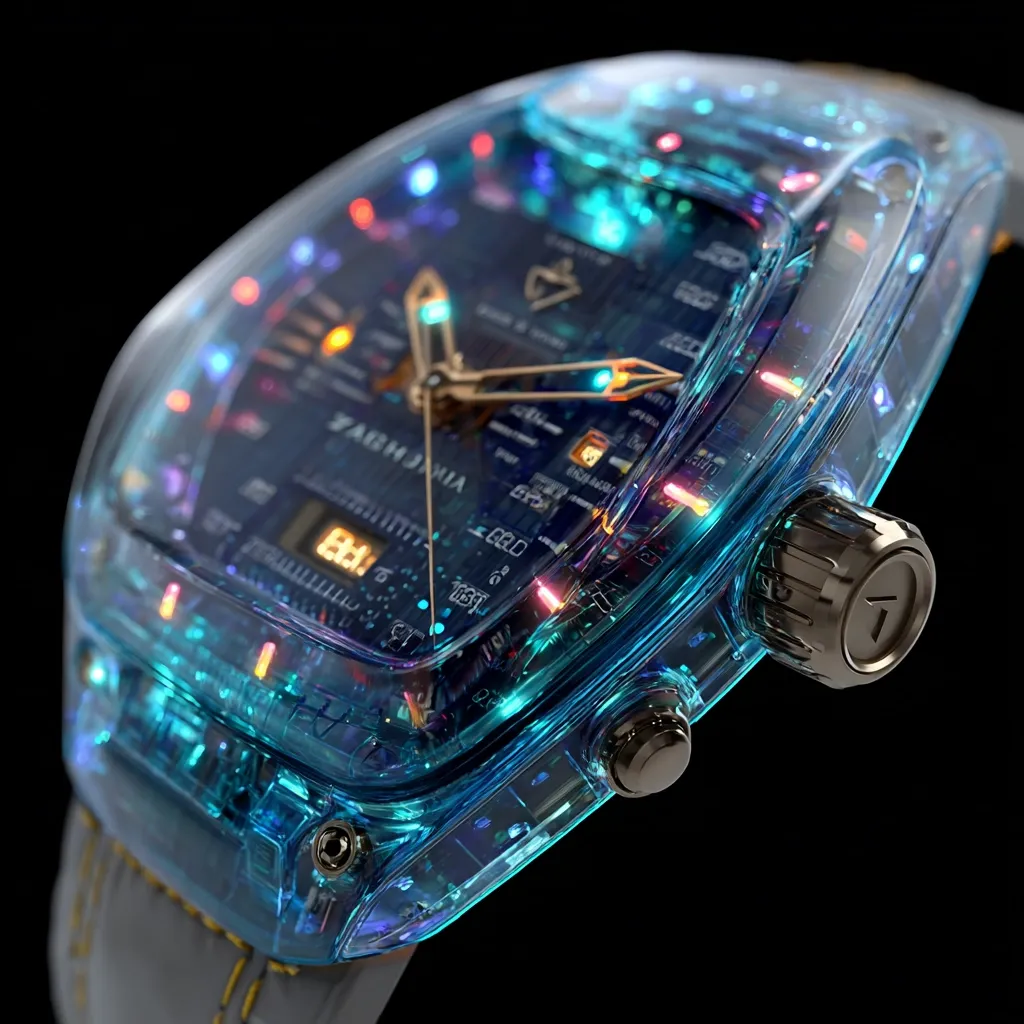 A close-up reveals a futuristic wristwatch encased in translucent blue material.  Its intricate internal mechanisms, resembling a circuit board, are illuminated by vibrant multicolored LEDs.  Gold-toned hands contrast against the dark face, and the watch features a crown with a distinctive V-shaped detail. The grey leather strap adds a touch of classic style to this high-tech timepiece.