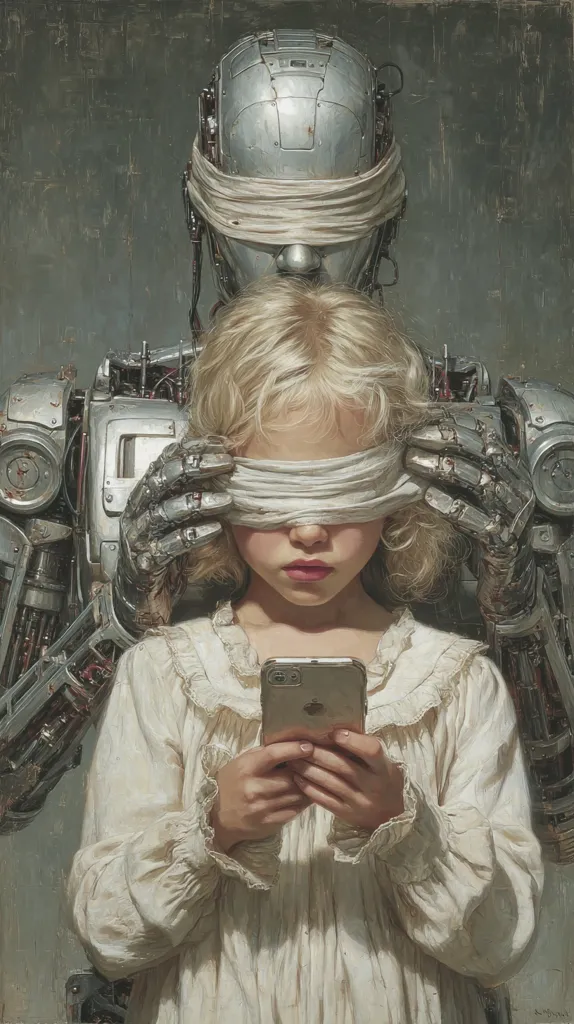 A young girl, her eyes covered by a blindfold, holds a smartphone.  Behind her stands a large, metallic robot, its own head similarly blindfolded.  The painting uses muted tones, creating a somber and slightly unsettling atmosphere. The juxtaposition of the innocent child and the imposing robot suggests a theme of technological control or the dangers of unchecked technological advancement. The image is evocative and thought-provoking.