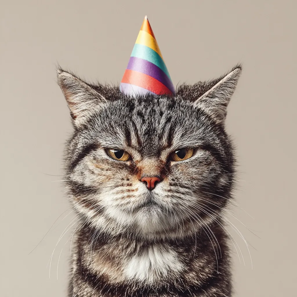 A grumpy-looking tabby cat wears a rainbow-striped party hat.  The cat's expression is serious and slightly annoyed, contrasting with the festive headwear. Its fur is a mix of gray, brown, and black, and it stares directly at the camera. The background is a muted beige.