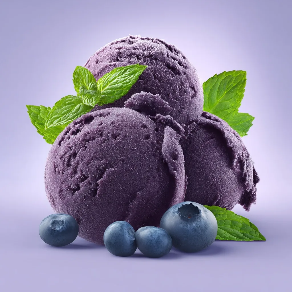 Three scoops of rich, dark purple blueberry ice cream are artfully arranged, adorned with fresh mint leaves.  Several plump blueberries rest at the base, complementing the vibrant color of the frozen dessert. The scene is set against a soft purple backdrop, enhancing the visual appeal of the delectable treat.