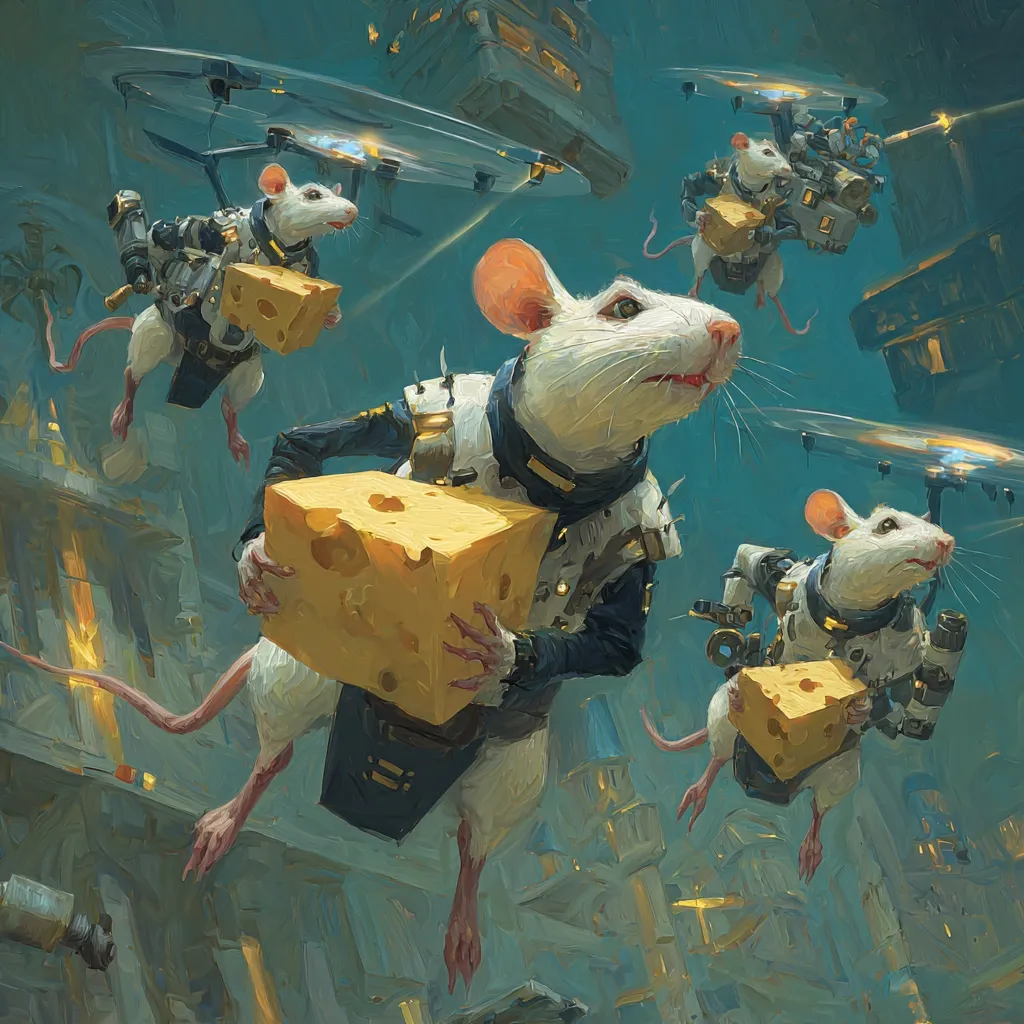 Anthropomorphic white rats, wearing futuristic gear, pilot miniature helicopters.  They are delivering large blocks of cheese through a steampunk-inspired cityscape.  The vibrant artwork uses a painterly style, depicting the rats in dynamic flight amidst detailed architectural elements. The overall scene is whimsical yet gritty, suggesting a blend of fantasy and technology.