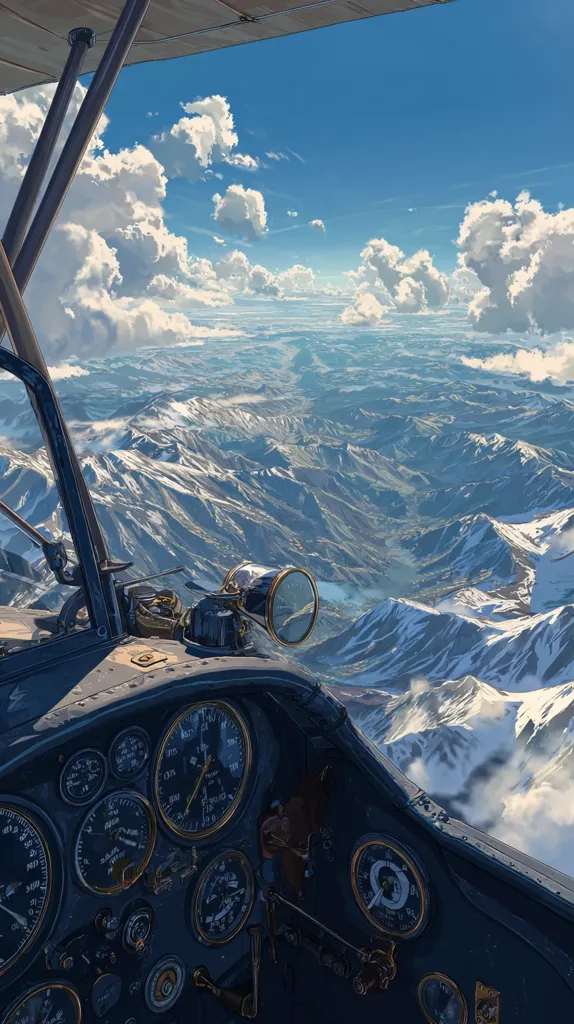 A breathtaking view from the cockpit of a vintage airplane soars above a majestic snow-capped mountain range.  The sky is a brilliant blue, dotted with fluffy white clouds.  The intricate dashboard, complete with numerous gauges, adds to the nostalgic charm of the scene, creating a sense of adventure and freedom.  The vast landscape below stretches to the horizon, offering a panoramic vista of untouched natural beauty.