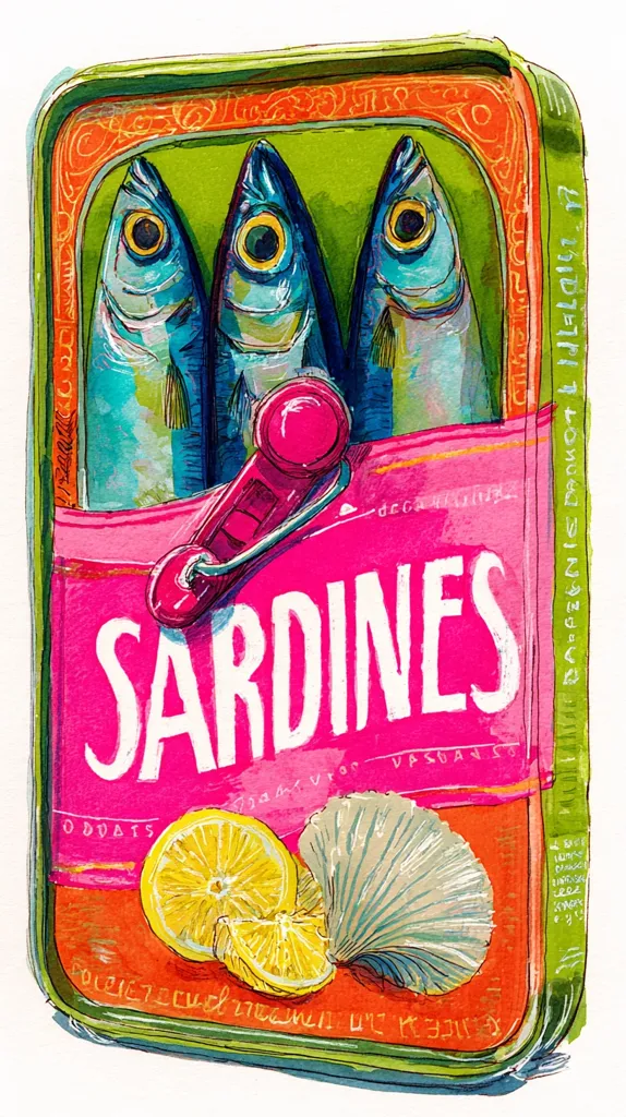 A vibrant illustration depicts a sardine tin, bursting with color. Three glistening sardines are nestled inside, their eyes wide and captivating.  The tin's label, a bold pink, proclaims "SARDINES" in a playful font.  A pink key-like object is attached. Below, a lemon and a seashell add to the cheerful, beachy aesthetic. The overall style is whimsical and hand-drawn, reminiscent of vintage food packaging.