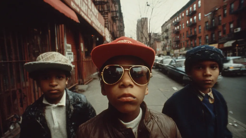 Three young boys stand on a city street, showcasing 1980s hip-hop style. The central boy wears a red baseball cap, aviator sunglasses, and a brown leather jacket. Flanking him are two other boys, one in a patterned cap and jacket, the other in a knit cap and navy jacket.  The backdrop reveals a row of brick buildings and parked cars, typical of an urban setting.  The image conveys a sense of youthful energy and the street style of the era.