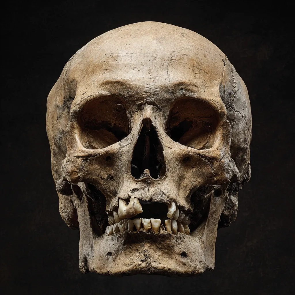 A detailed close-up reveals a human skull against a dark background.  The skull is aged, showing discoloration and texture consistent with age or decomposition.  Some teeth remain in the jaw, slightly open. The image is stark and dramatic, emphasizing the skull's anatomical details. The lighting highlights the bone's surface, creating shadows that accentuate its form.