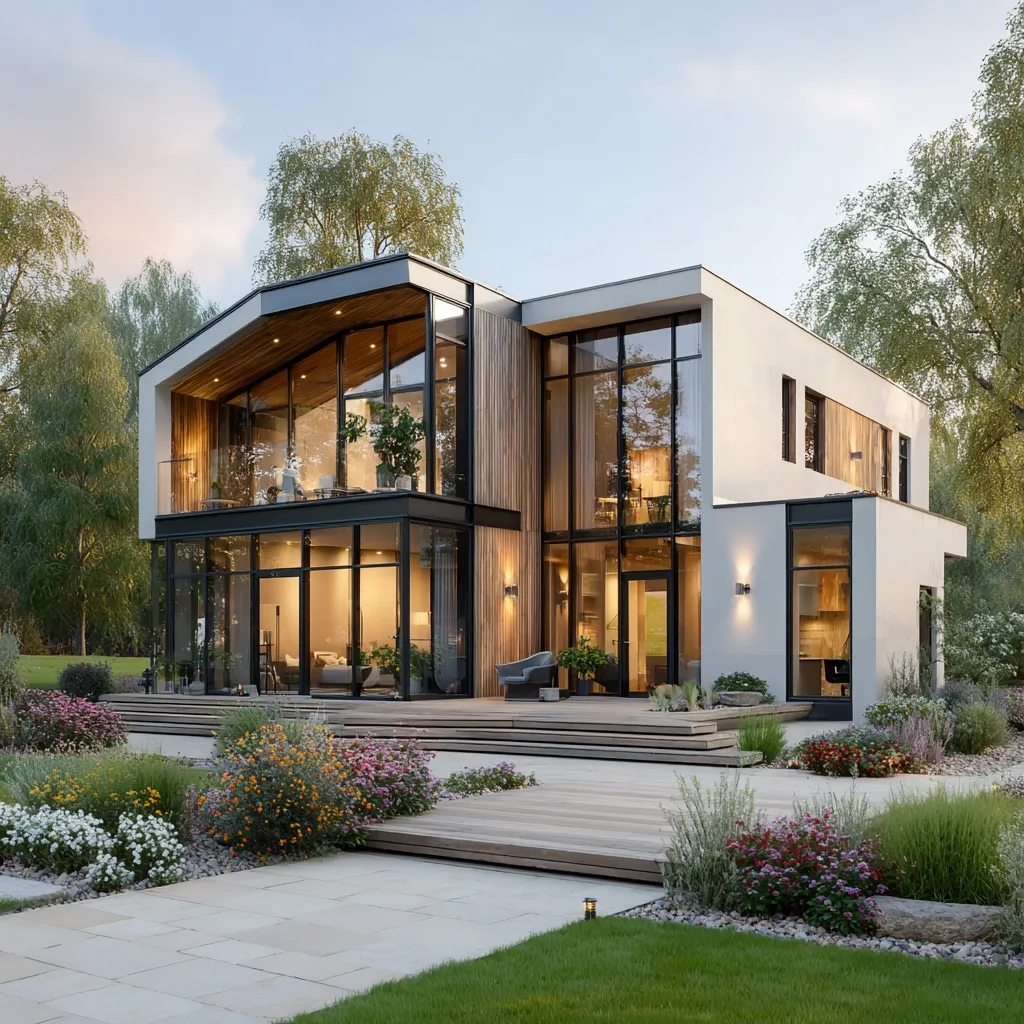 A modern, two-story house boasts expansive glass windows showcasing an open floor plan.  The exterior features a blend of white stucco, dark wood accents, and a sleek, pitched roof.  A large deck with tiered steps leads to a meticulously landscaped lawn and garden, complete with flowering plants and stone pathways.  The home's design seamlessly integrates indoor and outdoor living spaces, creating a luxurious and tranquil atmosphere.