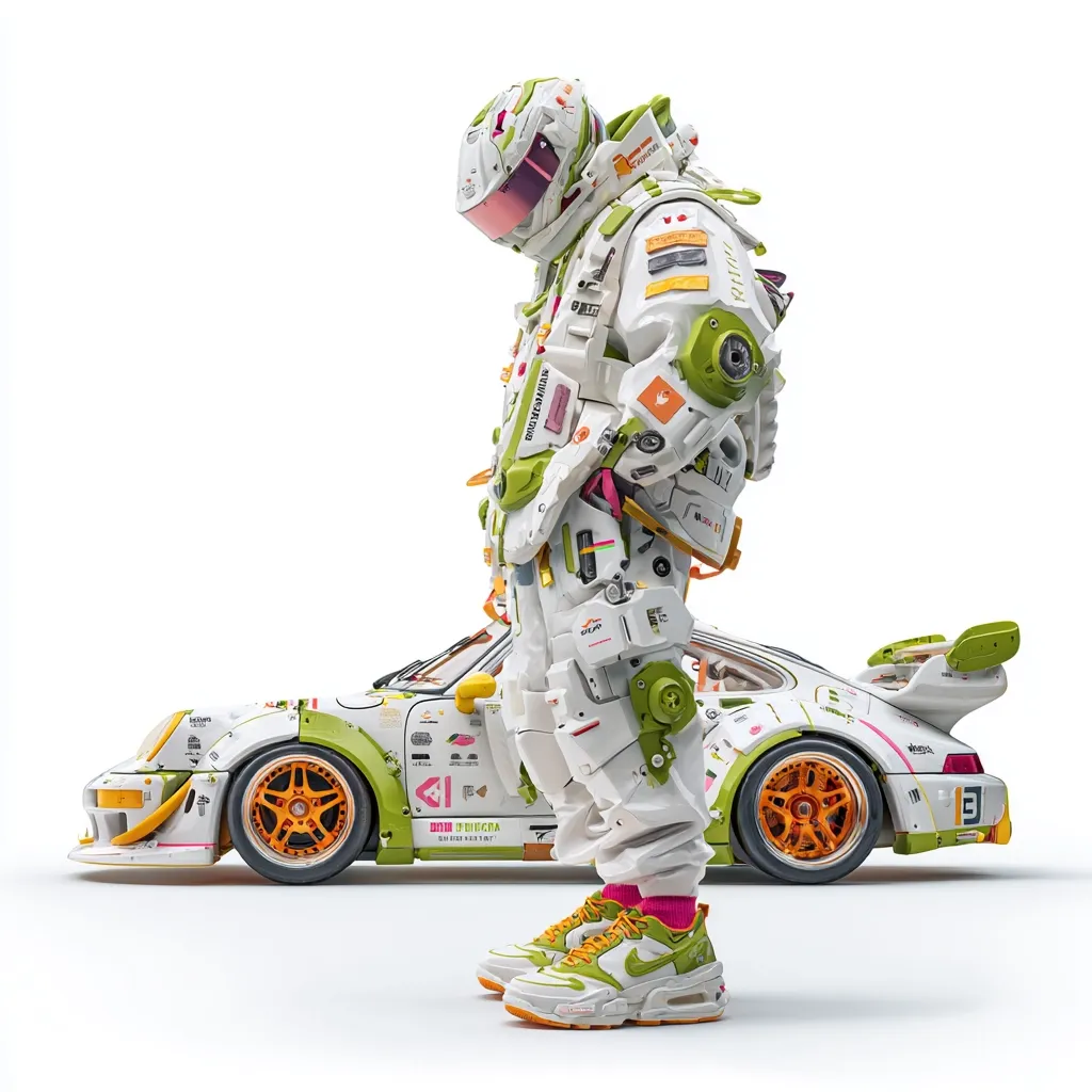 A futuristic astronaut, clad in a white and lime green exoskeleton suit with vibrant accents, stands beside a customized sports car.  Both the suit and car share a similar color scheme and graffiti-style designs. The astronaut's helmet is lowered, and they wear modern sneakers. The scene is set against a stark white background, emphasizing the bold design elements of the subject.