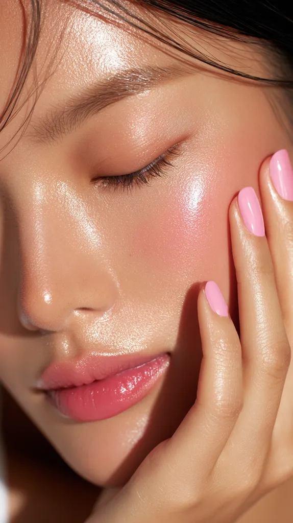 Close-up of a woman's face, showcasing glowing, dewy skin with subtle pink blush.  Her eyes are gently closed, and her lips are a soft, glossy pink.  Her hand rests delicately against her cheek, displaying nails painted a pale pink. The overall aesthetic is one of natural beauty and radiant health.