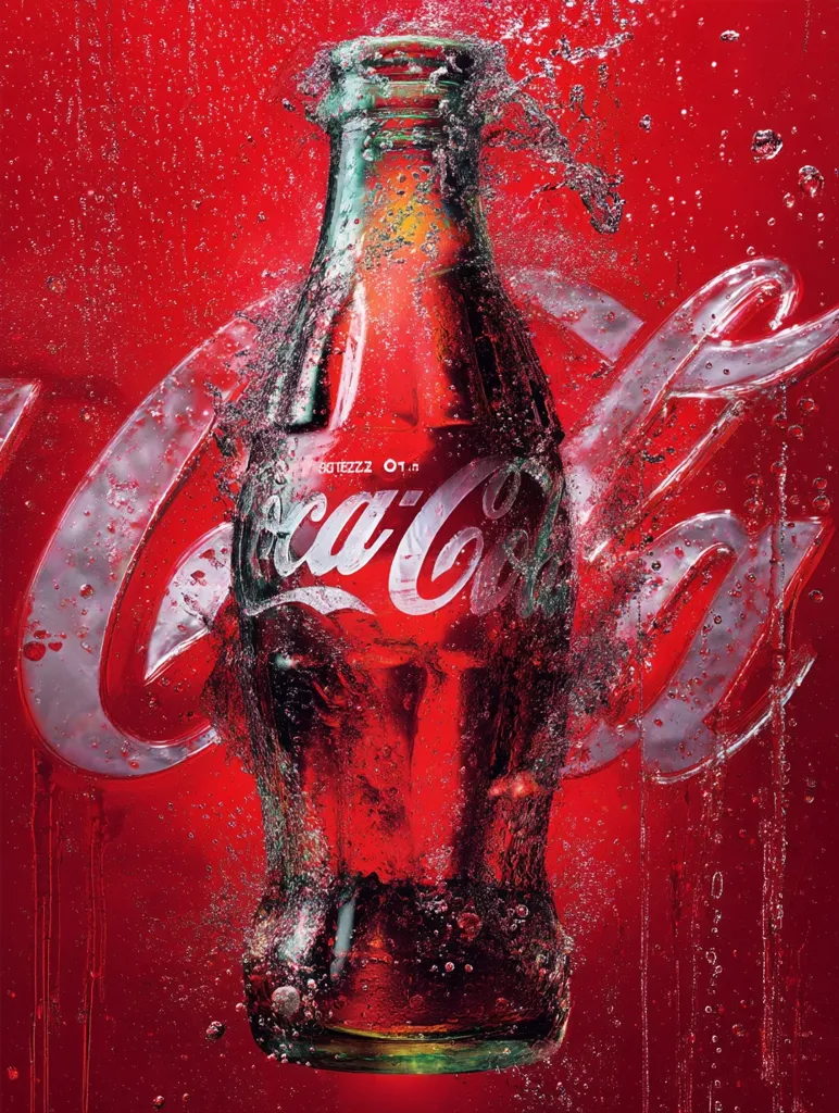 A Coca-Cola bottle submerged in a vibrant red liquid, creating a dynamic splash.  Bubbles rise around the bottle, and the iconic Coca-Cola logo is partially visible, appearing as a frosted, translucent overlay on the red background. The overall effect is one of effervescence and intense color, capturing the essence of a refreshing drink.