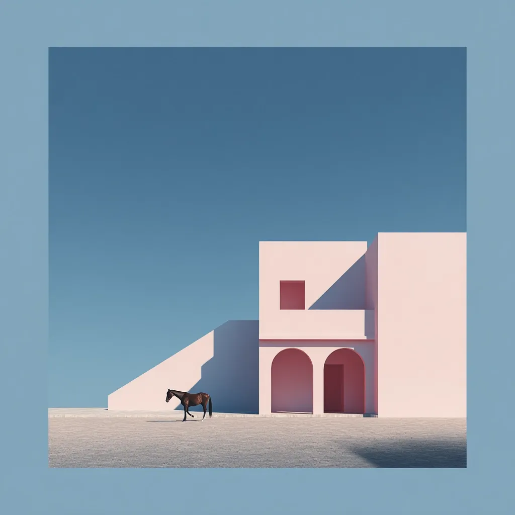 A dark brown horse stands in a sun-drenched, minimalist landscape before a pale pink, modern building. The building features clean lines, arched entryways, and a square window. The scene is serene and stark, emphasizing geometric forms against a clear blue sky. The overall aesthetic is one of calm and simple elegance.