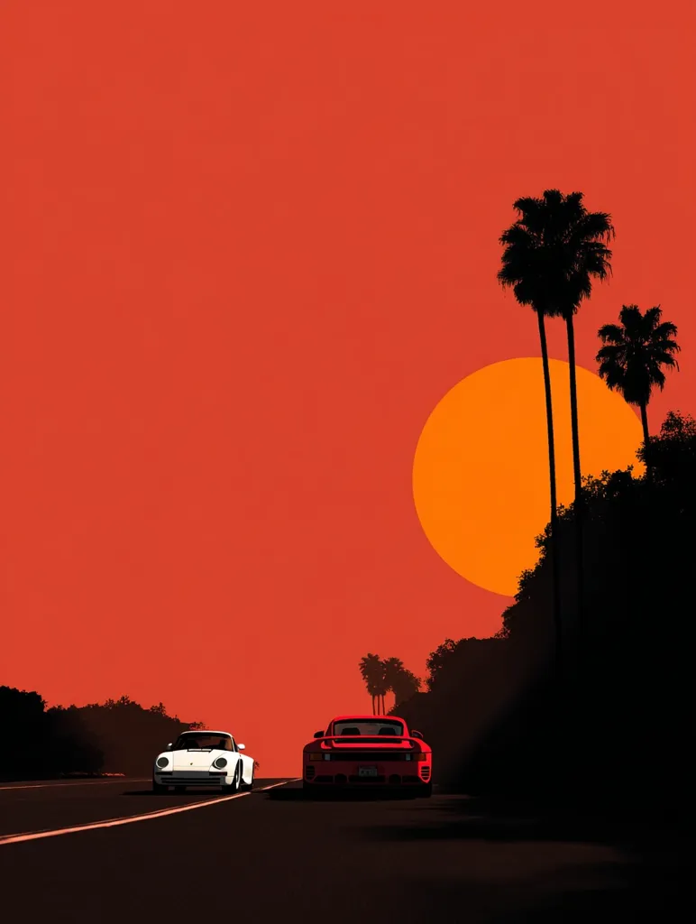 A minimalist illustration depicts two classic sports cars, one white and one red, driving on a highway at sunset.  Silhouetted palm trees line the roadside against a vibrant orange sky, dominated by a large, bright orange sun. The scene evokes a nostalgic, possibly 80s, California aesthetic.  The overall style is clean and graphic.