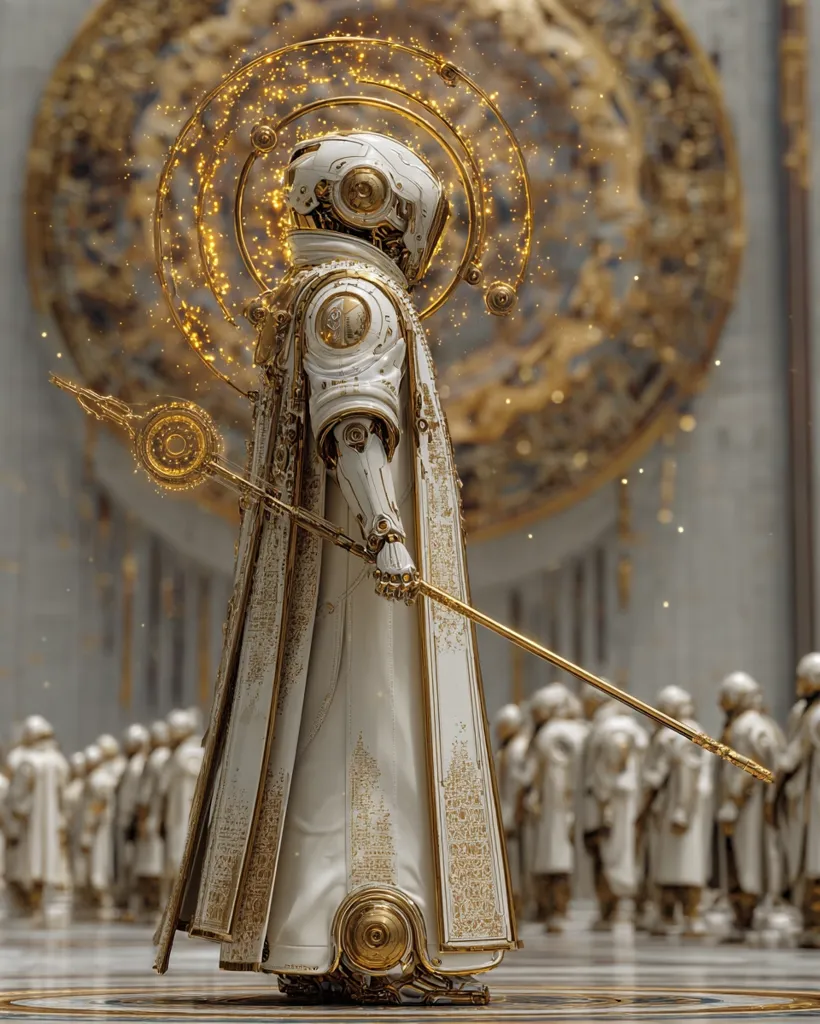 A majestic, gold and white robotic figure, resembling a priest or high-ranking official, stands in a grand hall.  The robot wears ornate robes and carries a staff, surrounded by a halo of golden light.  Numerous similar, but smaller, robotic figures stand in the background, creating a sense of reverence and authority.  The scene evokes a futuristic, yet classical, aesthetic.