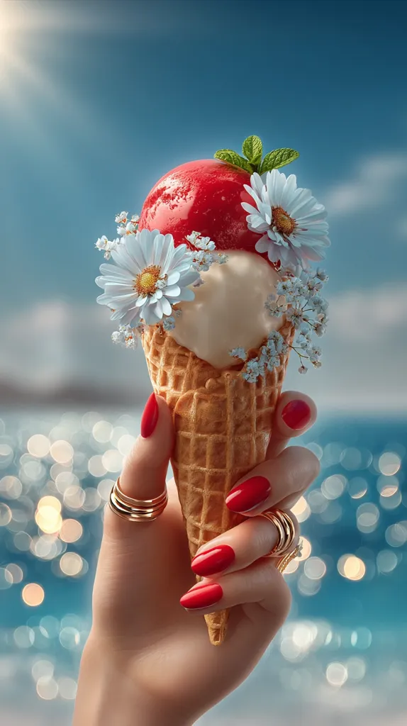 A hand with red nails holds a waffle cone overflowing with strawberry and vanilla ice cream.  Delicate white daisies and mint sprigs adorn the ice cream, creating a summery, idyllic scene against a blurred backdrop of bright blue water and sunlight. The image evokes feelings of warmth, sweetness, and carefree enjoyment.